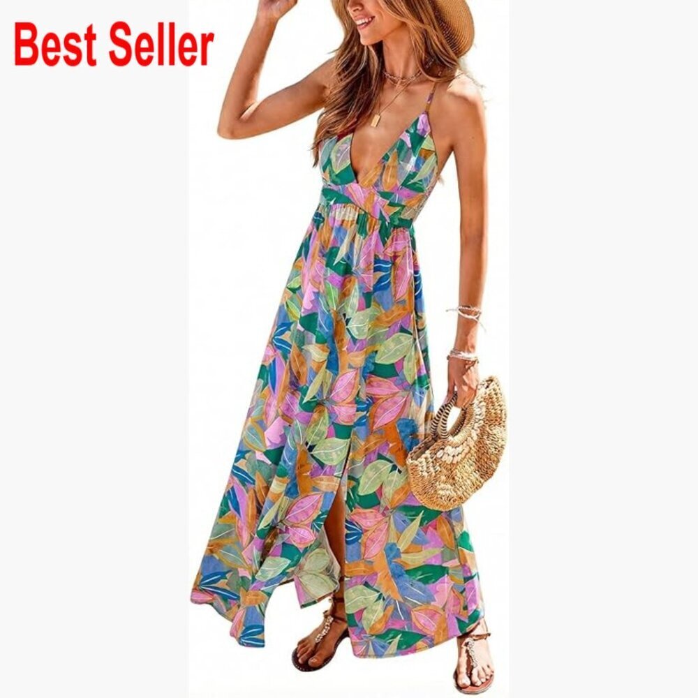 Rayon Maxi Dress Sleeveless V-Neck Spaghetti Strap Boho Beach Vacation